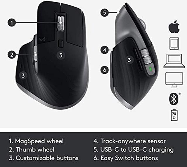 Alt view image 4 of 20 - Logitech MX Master 3 – Advanced Wireless Mouse for Mac, Ultrafast Scrolling, Ergonomic Design, 4000 DPI, Customisation, USB-C, Bluetooth, MacBook Pro,Macbook Air,iMac, iPad Compatible - Space Grey