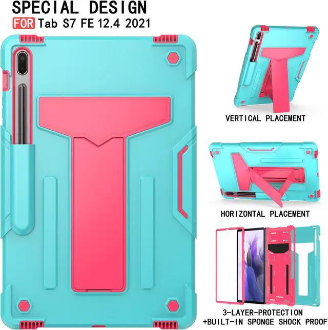 Alt view image 3 of 5 - Epicgadget Galaxy Tab S7 FE Case 12.4” with Kickstand and Pencil Holder Shockproof Rugged Hybrid Cover Case for Samsung Galaxy Tab S7 FE 2021 12.4 inch Tablet (SM-T730/T733/T736/T738) (Teal/Pink)