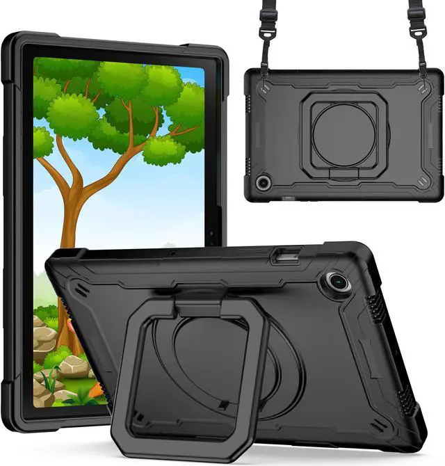 Main image of Samsung Galaxy Tab A8 10.5-inch Case (SM-X200/ SM-X205/ SM-X207) - Hybrid Shockproof 360 Rotating Ring Stand Cover Case with Shoulder Straps for Samsung Tab A8 10.5" Tablet - Black/Black