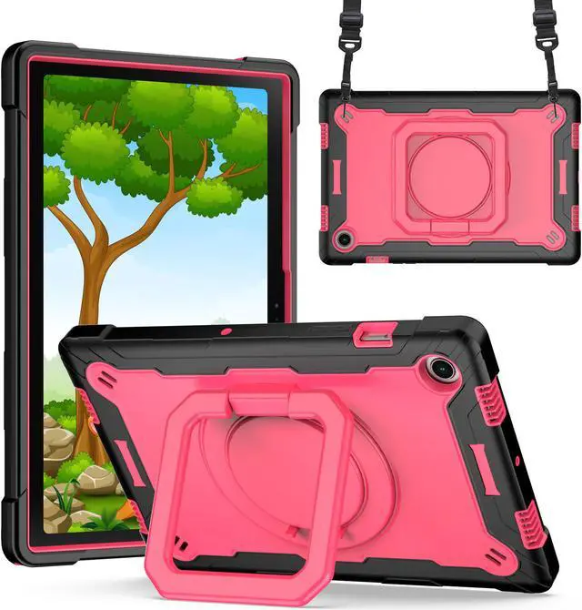 Main image of Samsung Galaxy Tab A8 10.5-inch Case (SM-X200/ SM-X205/ SM-X207) - Hybrid Shockproof 360 Rotating Ring Stand Cover Case with Shoulder Straps for Samsung Tab A8 10.5" Tablet - Black/Pink