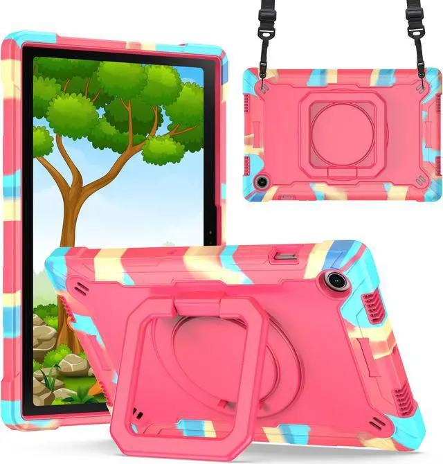 Main image of Samsung Galaxy Tab A8 10.5-inch Case (SM-X200/ SM-X205/ SM-X207) - Hybrid Shockproof 360 Rotating Ring Stand Cover Case with Shoulder Straps for Samsung Tab A8 10.5" Tablet - Rainbow/Pink