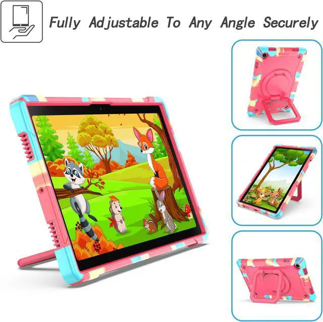 Alt view image 2 of 5 - Samsung Galaxy Tab A8 10.5-inch Case (SM-X200/ SM-X205/ SM-X207) - Hybrid Shockproof 360 Rotating Ring Stand Cover Case with Shoulder Straps for Samsung Tab A8 10.5" Tablet - Rainbow/Pink