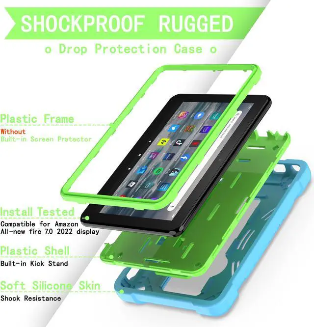 Alt view image 3 of 4 - Epicgadget Case for Amazon Fire 7/7 Kids - Dual Layer Protective Rugged Hybrid Cover Case With I-Kickstand For Amazon Fire 7 12th Gen, Fire 7 Kids  (2022) Tablet - Blue/Green