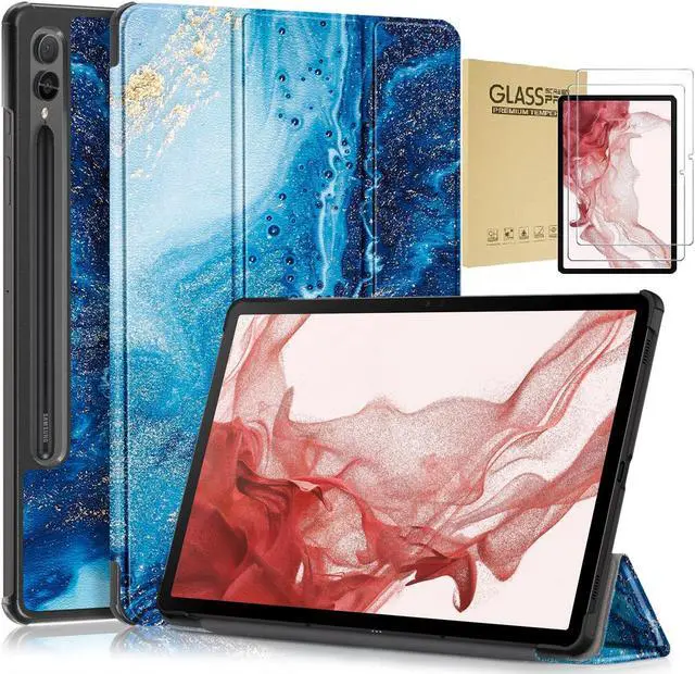 Main image of elitegadget Case for Samsung Galaxy Tab S10 Lite / S10 FE / S9 FE 5G 10.9 Inch / Galaxy Tab S9 11 Inch with 2PCS Glass Screen Protector - Slim Lightweight Tri-Fold Stand Hard Shell Cover (Ocean Wave)