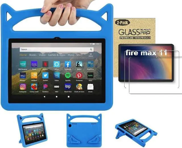 Main image of Amazon Fire Max 11 Tablet Case for Kids (13th Generation, 2023 Release) - Lightweight Shockproof Kids Case with Handle Stand + 2 Tempered Glass Screen Protector for Amazon Fire Max 11" Tablet (Blue)