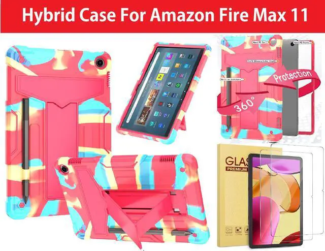 Main image of Amazon Fire Max 11 Case with 2 Tempered Glass Screen Protector - Heavy Duty Shockproof Rugged Kickstand Pencil Holder Cover for Amazon Fire Max 11" Tablet (2023 release, 13th generation) - Candy/Pink