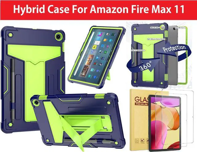 Main image of Amazon Fire Max 11 Case with 2 Tempered Glass Screen Protector - Heavy Duty Shockproof Rugged Kickstand Pencil Holder Cover for Amazon Fire Max 11" Tablet (2023 release, 13th generation) - Blue/Green