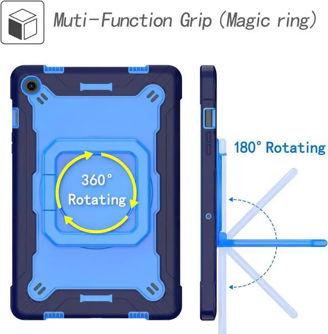 Alt view image 4 of 6 - Case for Samsung Galaxy Tab A9 Plus / Tab A9+ 11 Inch (SM-X210/X215/X216/X218) 2023 - Heavy Duty Impact Resistant Case Shockproof Cover with Rotating Ring Stand and Shoulder Strap (Navy Blue/Blue)