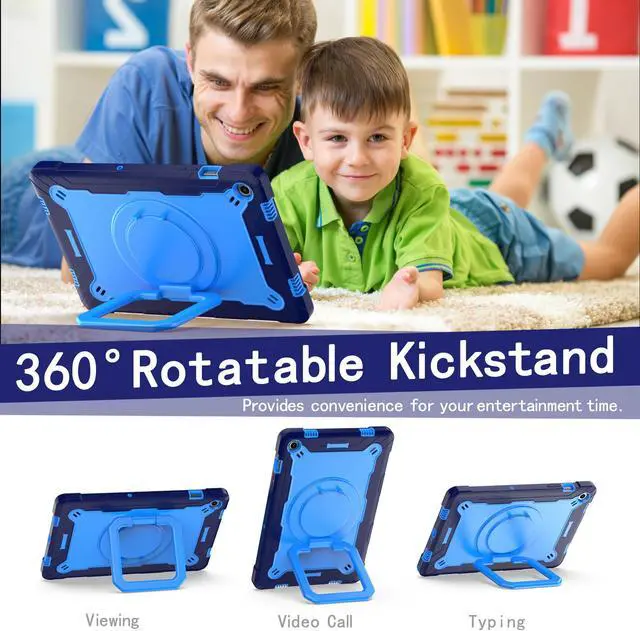 Alt view image 3 of 6 - Case for Samsung Galaxy Tab A9 Plus / Tab A9+ 11 Inch (SM-X210/X215/X216/X218) 2023 - Heavy Duty Impact Resistant Case Shockproof Cover with Rotating Ring Stand and Shoulder Strap (Navy Blue/Blue)