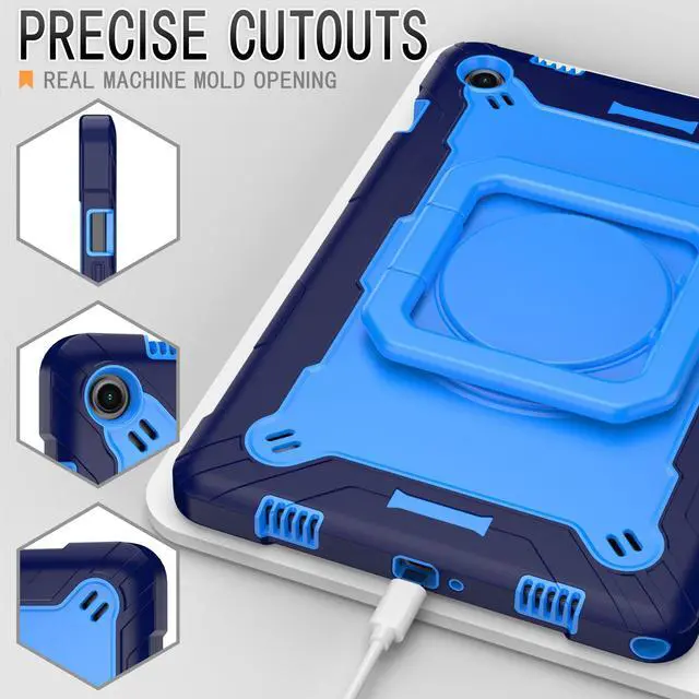 Alt view image 5 of 6 - Case for Samsung Galaxy Tab A9 Plus / Tab A9+ 11 Inch (SM-X210/X215/X216/X218) 2023 - Heavy Duty Impact Resistant Case Shockproof Cover with Rotating Ring Stand and Shoulder Strap (Navy Blue/Blue)