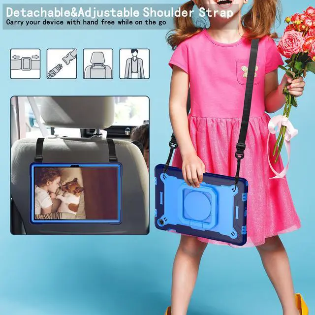 Alt view image 2 of 6 - Case for Samsung Galaxy Tab A9 Plus / Tab A9+ 11 Inch (SM-X210/X215/X216/X218) 2023 - Heavy Duty Impact Resistant Case Shockproof Cover with Rotating Ring Stand and Shoulder Strap (Navy Blue/Blue)