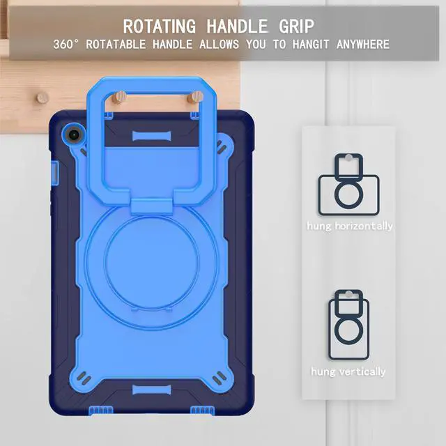Alt view image 6 of 6 - Case for Samsung Galaxy Tab A9 Plus / Tab A9+ 11 Inch (SM-X210/X215/X216/X218) 2023 - Heavy Duty Impact Resistant Case Shockproof Cover with Rotating Ring Stand and Shoulder Strap (Navy Blue/Blue)