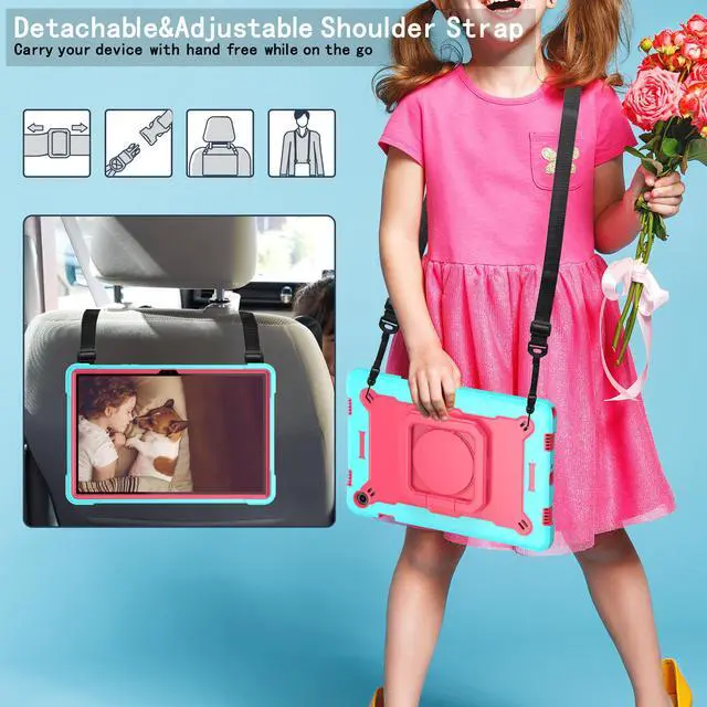 Alt view image 2 of 5 - Case for Samsung Galaxy Tab A9+/ A9 Plus 11 inch with Tempered Glass Screen Protector - Shoulder Strap Handle Grip Rotating Stand Cover for Galaxy Tab A9 Plus 5G 11'' (SM-X210/X216/X218) -  Teal/Pink