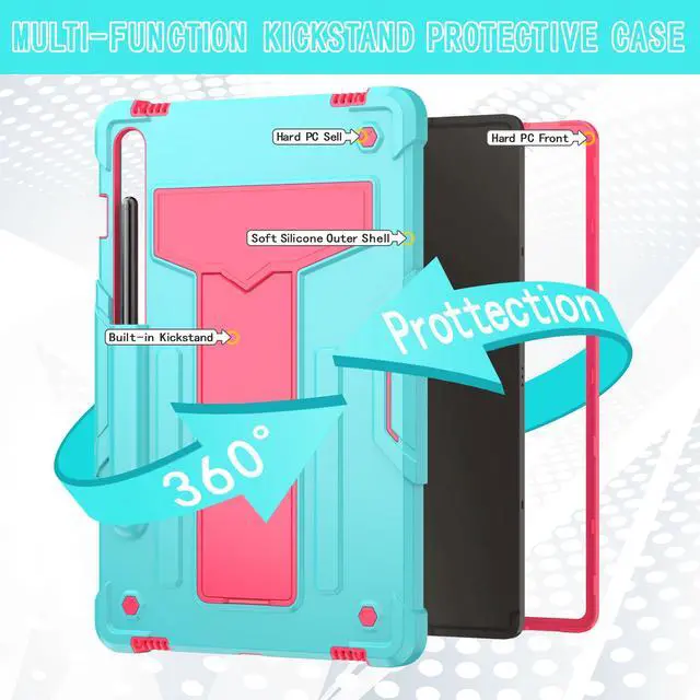 Alt view image 4 of 7 - Hybrid Case for Samsung Galaxy Tab S10 Lite/ Galaxy Tab S10 FE 5G/ Galaxy Tab S9 FE 5G 10.9 Inch/ S9 11 Inch Tablet with S Pen Holder and Kickstand, Kids Friendly Full Body Rugged Cover (Teal/Pink)