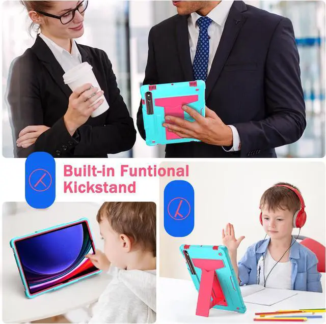 Alt view image 5 of 7 - Hybrid Case for Samsung Galaxy Tab S10 Lite/ Galaxy Tab S10 FE 5G/ Galaxy Tab S9 FE 5G 10.9 Inch/ S9 11 Inch Tablet with S Pen Holder and Kickstand, Kids Friendly Full Body Rugged Cover (Teal/Pink)