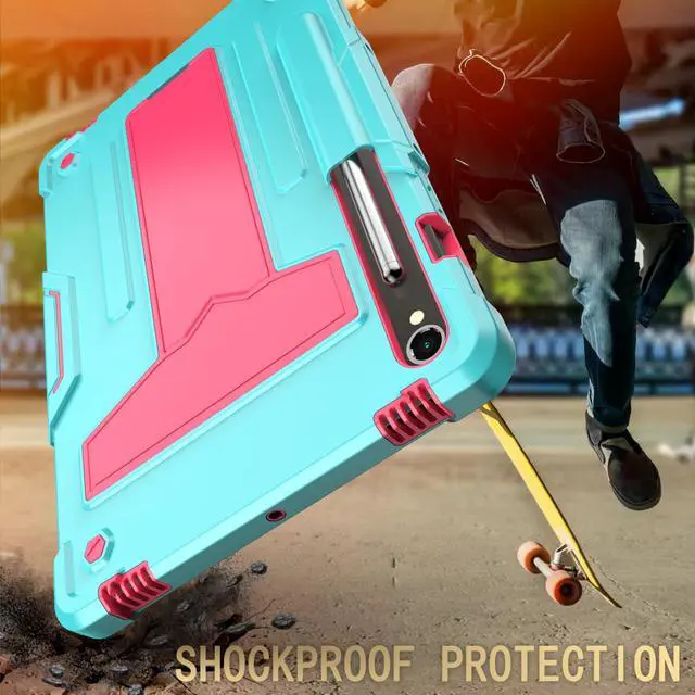 Alt view image 6 of 7 - Hybrid Case for Samsung Galaxy Tab S10 Lite/ Galaxy Tab S10 FE 5G/ Galaxy Tab S9 FE 5G 10.9 Inch/ S9 11 Inch Tablet with S Pen Holder and Kickstand, Kids Friendly Full Body Rugged Cover (Teal/Pink)