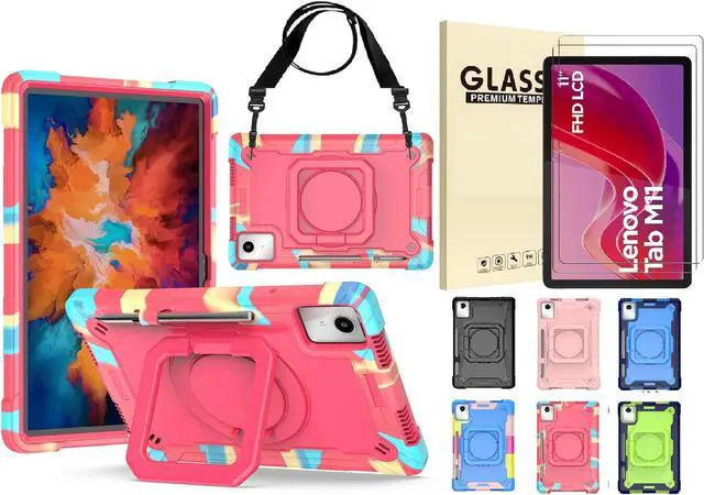 Main image of Case for Lenovo Tab M11 with Screen Protector - Lenovo Tab M11 11 inch Case Hybrid Shockproof 360 Rotating Multi-Functional Ring Stand Case with Shoulder Straps and 2PCS Tempered Glass (Pink)