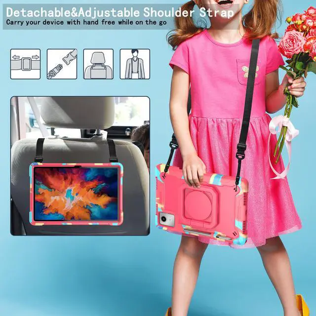 Alt view image 5 of 7 - Case for Lenovo Tab M11 with Screen Protector - Lenovo Tab M11 11 inch Case Hybrid Shockproof 360 Rotating Multi-Functional Ring Stand Case with Shoulder Straps and 2PCS Tempered Glass (Pink)