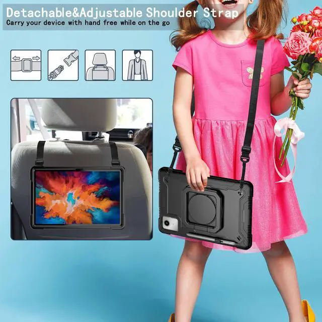 Alt view image 4 of 7 - Case for Lenovo Tab K11 LTE with Screen Protector- Lenovo Tab K11 11 inch Case Hybrid Shockproof 360 Rotating Multi-Functional Ring Stand Case with Shoulder Straps and 2PCS Tempered Glass (Black/Black