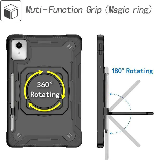 Alt view image 6 of 7 - Case for Lenovo Tab K11 LTE with Screen Protector- Lenovo Tab K11 11 inch Case Hybrid Shockproof 360 Rotating Multi-Functional Ring Stand Case with Shoulder Straps and 2PCS Tempered Glass (Black/Black