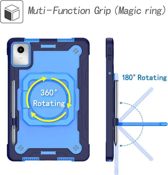 Alt view image 6 of 7 - Case for Lenovo Tab K11 LTE with Screen Protector- Lenovo Tab K11 11 inch Case Hybrid Shockproof 360 Rotating Multi-Functional Ring Stand Case with Shoulder Straps and 2PCS Tempered Glass (Blue/Blue)