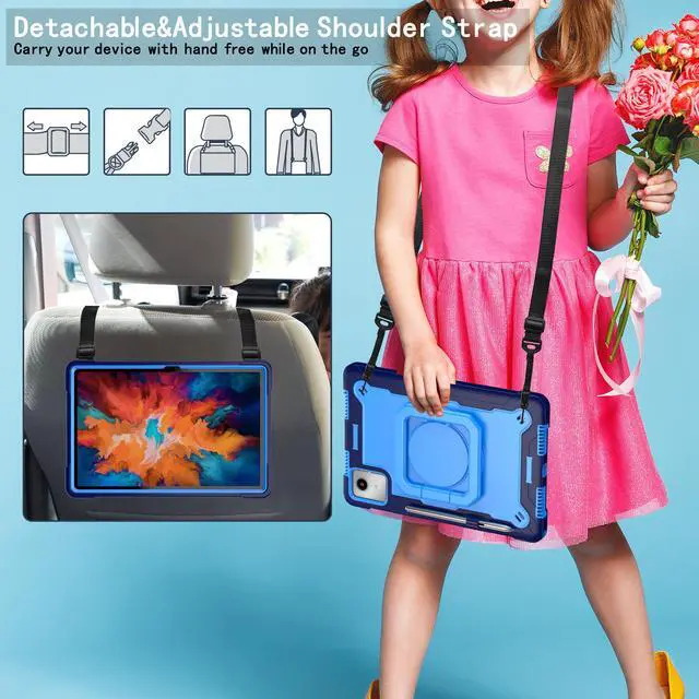Alt view image 4 of 7 - Case for Lenovo Tab K11 LTE with Screen Protector- Lenovo Tab K11 11 inch Case Hybrid Shockproof 360 Rotating Multi-Functional Ring Stand Case with Shoulder Straps and 2PCS Tempered Glass (Blue/Blue)