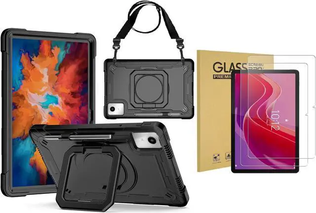Main image of Case for Lenovo Tab K11 LTE with Screen Protector- Lenovo Tab K11 11 inch Case Hybrid Shockproof 360 Rotating Multi-Functional Ring Stand Case with Shoulder Straps and 2PCS Tempered Glass (Black/Black
