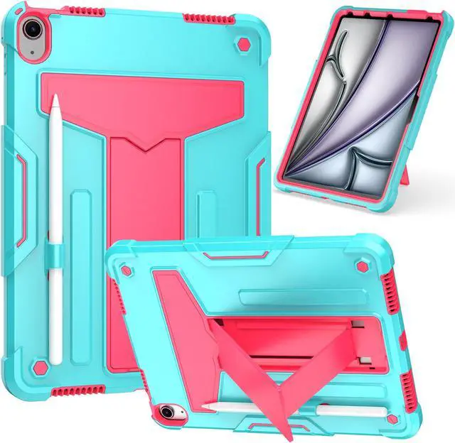 Alt view image 3 of 7 - anicestore Case for Apple iPad Air 11 Inch M3 2025/M2 2024 - Heavy Duty Shockproof Rugged Protective Case with Pencil Holder for iPad Air 7th/6th/5th/4th Generation 10.9" 11" - Teal/Pink