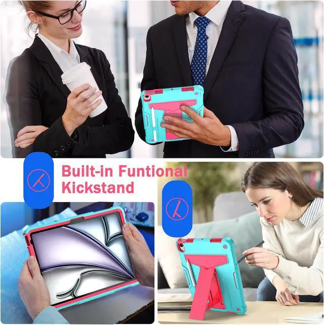 Alt view image 4 of 7 - anicestore Case for Apple iPad Air 11 Inch M3 2025/M2 2024 - Heavy Duty Shockproof Rugged Protective Case with Pencil Holder for iPad Air 7th/6th/5th/4th Generation 10.9" 11" - Teal/Pink