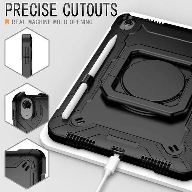 Alt view image 5 of 7 - anicestore Case for iPad Air 11 Inch M3/M2 2025 2024 Military Grade Heavy Duty Cover with Pencil Holder, 360 Rotate Stand, Shoulder Strap Case for iPad Air 7th/6th/5th/4th Gen 10.9"/11" - Black/Black