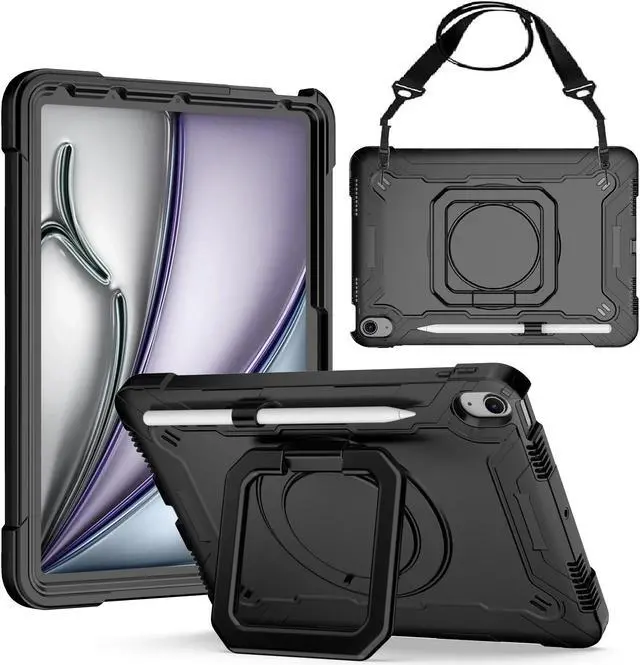 Main image of anicestore Case for iPad Air 11 Inch M3/M2 2025 2024 Military Grade Heavy Duty Cover with Pencil Holder, 360 Rotate Stand, Shoulder Strap Case for iPad Air 7th/6th/5th/4th Gen 10.9"/11" - Black/Black
