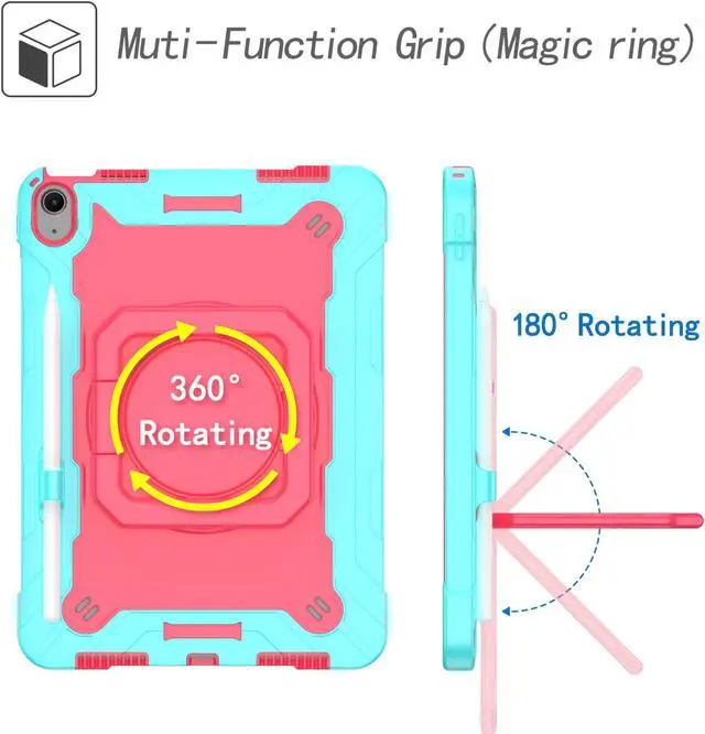 Alt view image 6 of 7 - Case for Apple iPad Air 11 inch (M3/M2) with 2PCS Screen Protector - Shockproof 360 Rotating Multi-Functional Ring Stand Case with Shoulder Straps & 2PCS Tempered Glass for iPad Air 11" (Teal/Pink)