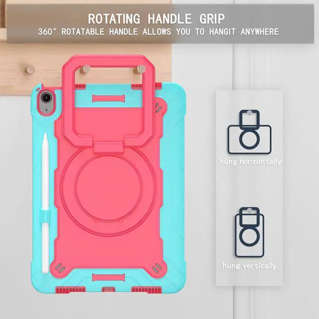 Alt view image 5 of 7 - Case for Apple iPad Air 11 inch (M3/M2) with 2PCS Screen Protector - Shockproof 360 Rotating Multi-Functional Ring Stand Case with Shoulder Straps & 2PCS Tempered Glass for iPad Air 11" (Teal/Pink)