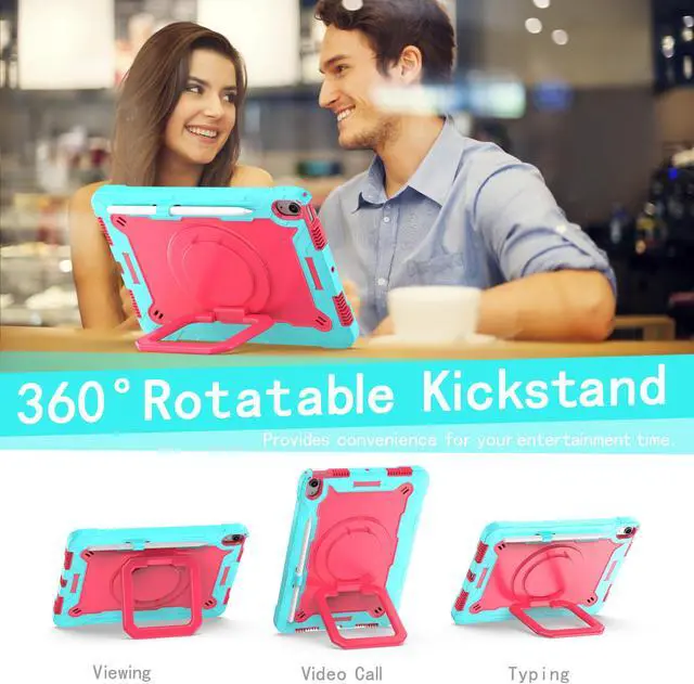 Alt view image 3 of 7 - Case for Apple iPad Air 11 inch (M3/M2) with 2PCS Screen Protector - Shockproof 360 Rotating Multi-Functional Ring Stand Case with Shoulder Straps & 2PCS Tempered Glass for iPad Air 11" (Teal/Pink)