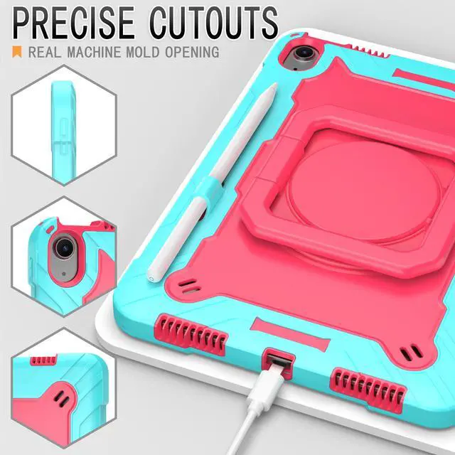 Alt view image 4 of 7 - Case for Apple iPad Air 11 inch (M3/M2) with 2PCS Screen Protector - Shockproof 360 Rotating Multi-Functional Ring Stand Case with Shoulder Straps & 2PCS Tempered Glass for iPad Air 11" (Teal/Pink)