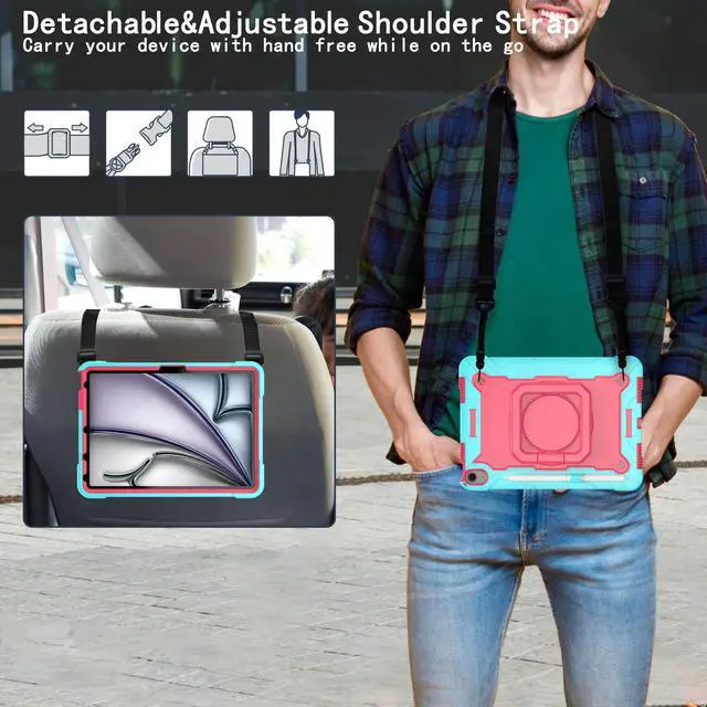 Alt view image 2 of 7 - Case for Apple iPad Air 11 inch (M3/M2) with 2PCS Screen Protector - Shockproof 360 Rotating Multi-Functional Ring Stand Case with Shoulder Straps & 2PCS Tempered Glass for iPad Air 11" (Teal/Pink)