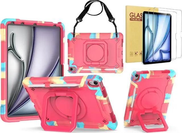 Main image of Case for Apple iPad Air 11 inch (M3/M2) with 2PCS Screen Protector - Shockproof 360 Rotating Multi-Functional Ring Stand Case with Shoulder Straps & 2PCS Tempered Glass for iPad Air 11" (Multi-Color)