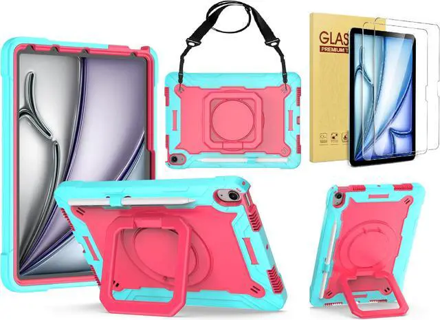 Main image of Case for Apple iPad Air 11 inch (M3/M2) with 2PCS Screen Protector - Shockproof 360 Rotating Multi-Functional Ring Stand Case with Shoulder Straps & 2PCS Tempered Glass for iPad Air 11" (Teal/Pink)
