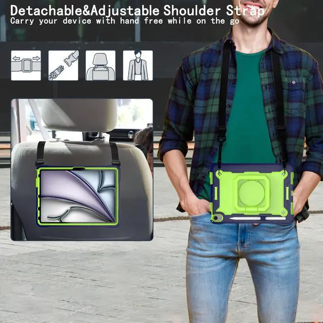 Alt view image 2 of 7 - anicestore Case for iPad Air 5th Generation (2022) / iPad Air 4th Gen (2020) 10.9 Inch - Rotating Grip Stand Shockproof Rugged Cover with Shoulder Strap & 2PCS Tempered Glass Screen Protector (Green)