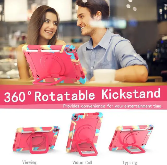 Alt view image 3 of 7 - anicestore Case for iPad Air 5th Generation (2022) / iPad Air 4th Gen (2020) 10.9 Inch - Rotating Grip Stand Shockproof Rugged Cover with Shoulder Strap & 2PCS Tempered Glass Screen Protector (Pink)