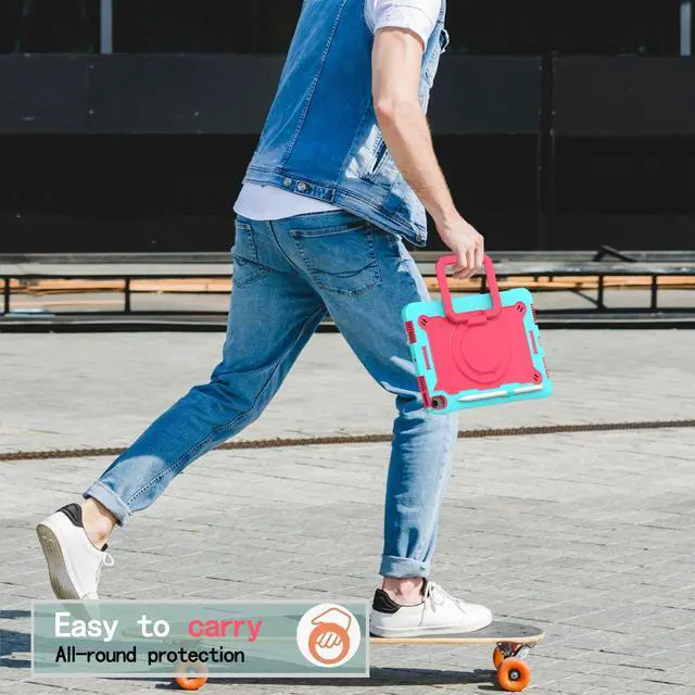 Alt view image 7 of 7 - anicestore Case for iPad Air 5th Generation (2022) / iPad Air 4th Gen (2020) 10.9 Inch - Rotating Grip Stand Shockproof Rugged Cover with Shoulder Strap & 2PCS Tempered Glass Screen Protector (Cyan)