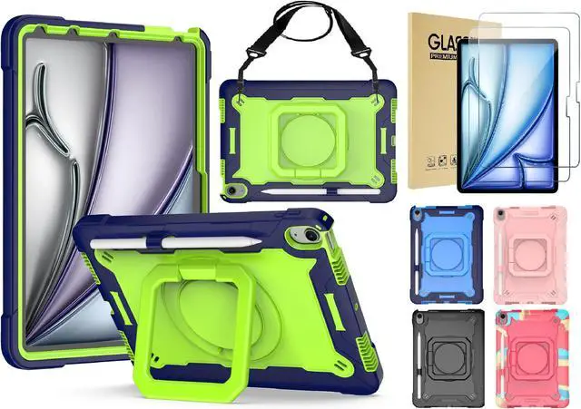 Main image of anicestore Case for iPad Air 5th Generation (2022) / iPad Air 4th Gen (2020) 10.9 Inch - Rotating Grip Stand Shockproof Rugged Cover with Shoulder Strap & 2PCS Tempered Glass Screen Protector (Green)