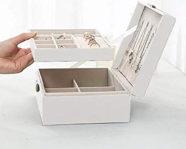 Alt view image 4 of 7 - anicestore 2 Layers Jewelry Box Organizer Large Capacity Ring, Earring, Chains, Bracelets, Necklace Jewelry Organizer Box Display Storage Case with Lock Best Gifts for Women Girlfriend Wife (White)