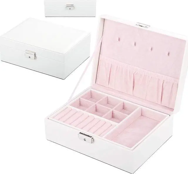 Main image of anicestore 2 Layers Jewelry Box Organizer Large Capacity Ring, Earring, Chains, Bracelets, Necklace Jewelry Organizer Box Display Storage Case with Lock Best Gifts for Women Girlfriend Wife (White)