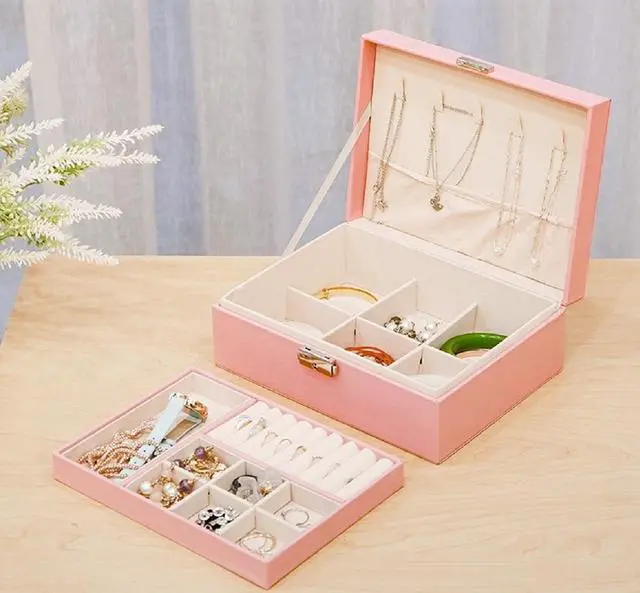 Alt view image 2 of 7 - anicestore 2 Layers Jewelry Box Organizer Large Capacity Ring, Earring, Chains, Bracelets, Necklace Jewelry Organizer Box Display Storage Case with Lock Best Gifts for Women Girlfriend Wife (Pink)