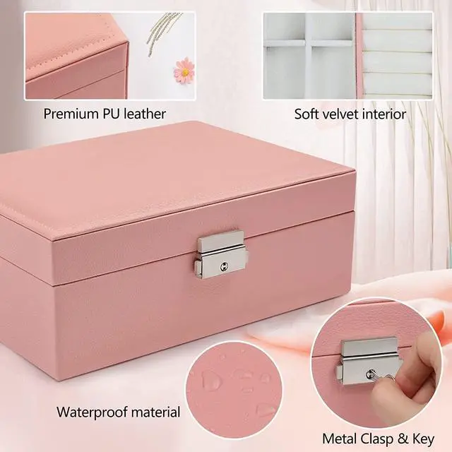 Alt view image 4 of 7 - anicestore 2 Layers Jewelry Box Organizer Large Capacity Ring, Earring, Chains, Bracelets, Necklace Jewelry Organizer Box Display Storage Case with Lock Best Gifts for Women Girlfriend Wife (Pink)