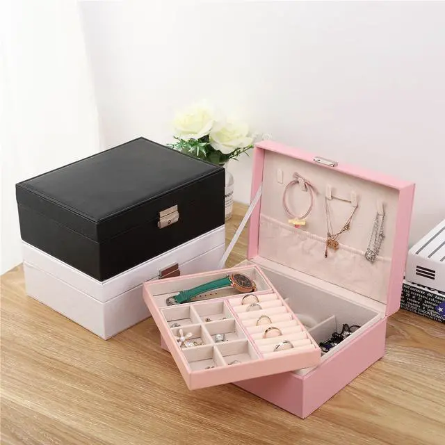 Alt view image 3 of 7 - anicestore 2 Layers Jewelry Box Organizer Large Capacity Ring, Earring, Chains, Bracelets, Necklace Jewelry Organizer Box Display Storage Case with Lock Best Gifts for Women Girlfriend Wife (Pink)