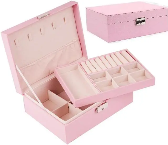 Main image of anicestore 2 Layers Jewelry Box Organizer Large Capacity Ring, Earring, Chains, Bracelets, Necklace Jewelry Organizer Box Display Storage Case with Lock Best Gifts for Women Girlfriend Wife (Pink)