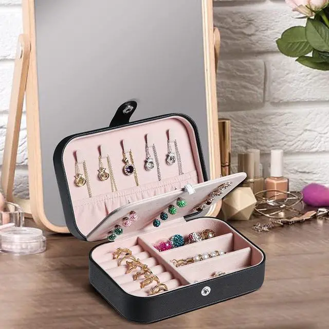 Alt view image 5 of 7 - anicestore Travel Jewelry Box, PU Leather Small Jewelry Organizer for Women Girls, Portable Mini Travel Case Display Storage Holder Boxes for Stud Earrings, Rings, Necklaces, Bracelets (Black)