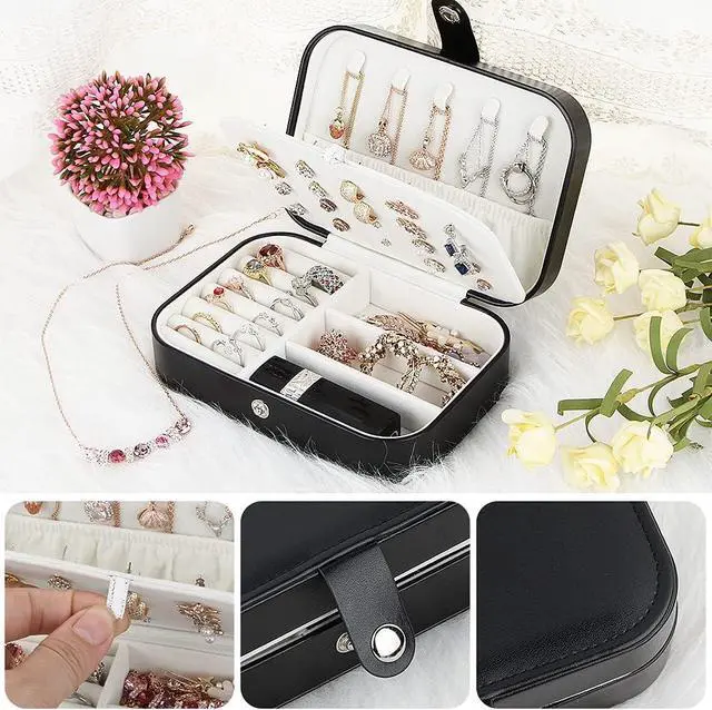Alt view image 3 of 7 - anicestore Travel Jewelry Box, PU Leather Small Jewelry Organizer for Women Girls, Portable Mini Travel Case Display Storage Holder Boxes for Stud Earrings, Rings, Necklaces, Bracelets (Black)